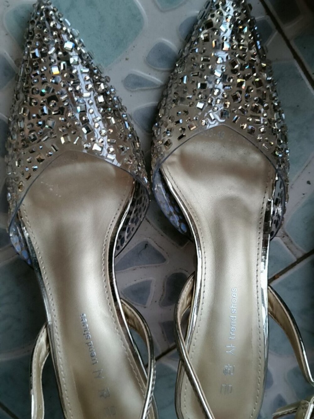 Women's pointed-toe stiletto high heel sandals with rhinestone toe cap, gold